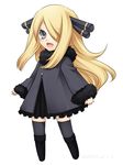  :d blonde_hair blue_eyes chibi hair_ornament hair_over_one_eye konshin long_hair open_mouth pokemon pokemon_(game) pokemon_dppt shirona_(pokemon) simple_background smile solo thighhighs white_background younger 