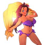  bad_id bad_pixiv_id bikini breasts curvy dark_skin flower front-tie_top hair_flower hair_ornament hair_over_one_eye hamanasu hibiscus idolmaster idolmaster_(classic) large_breasts miura_azusa one_eye_closed ponytail purple_bikini purple_eyes sarong sarong_removed side-tie_bikini solo swimsuit yellow_sarong 