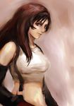  bad_id bad_pixiv_id brown_hair elbow_gloves final_fantasy final_fantasy_vii gloves long_hair midriff red_eyes shirt sk_hand solo suspenders taut_clothes taut_shirt tifa_lockhart 