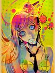  abstract bikini_top blue_eyes candy colorful commentary crazy_pink ein_lee english_commentary food food_as_clothes hair_ornament hairclip head_tilt lollipop mouth_hold multicolored_hair original solo surreal swirl_lollipop 