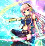  :o armband belt black_legwear blue_eyes blush colorful hairband long_hair megurine_luka midriff musical_note navel pink_hair pointing sitting skirt solo thighhighs uehara_yukihiko very_long_hair vocaloid 