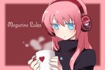  bad_id bad_pixiv_id blue_eyes blush closed_mouth cup headphones heart jewelry long_hair manle megurine_luka mug necklace pink_hair solo turtleneck vocaloid 