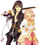  1girl black_eyes black_hair bracelet estellise_sidos_heurassein gloves jewelry long_hair miho_(mi) pink_hair sheath sheathed short_hair simple_background smile sword tales_of_(series) tales_of_vesperia weapon white_gloves yuri_lowell 