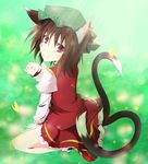  animal_ears bad_id bad_pixiv_id brown_hair cat_ears cat_tail chen earrings hat jewelry kanaria_(fuusenkazura) multiple_tails paw_pose red_eyes short_hair solo tail touhou 