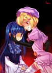  blonde_hair blue_hair elbow_gloves frederica_bernkastel gloves grin hat hinohino lambdadelta long_hair multiple_girls pink_hat purple_eyes red_eyes short_hair smile striped striped_legwear thighhighs umineko_no_naku_koro_ni 