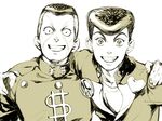  arm_around_shoulder black_hair diamond_wa_kudakenai earrings eyelashes friends gakuran grin haato higashikata_jousuke jewelry jojo_no_kimyou_na_bouken looking_at_viewer male_focus monochrome multiple_boys nijimura_okuyasu pompadour school_uniform sepia smile white_background 