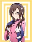  bad_id bad_pixiv_id blue_eyes bodysuit brown_hair glasses highres koko_(kotobutyann) long_hair makinami_mari_illustrious neon_genesis_evangelion pink_bodysuit plugsuit rebuild_of_evangelion smile solo 