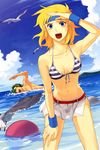  1girl absurdres bikini bikini_top bird blonde_hair blue_eyes day front-tie_top green_hair headband highres lune_zoldark masaki_andoh navel partially_submerged seagull short_hair skirt super_robot_wars super_robot_wars_original_generation super_robot_wars_the_lord_of_elemental swimming swimsuit water wristband yuikawa_kazuno 