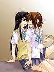  aira_(endless5515) akiyama_mio alternate_hairstyle bangs black_hair blue_eyes blunt_bangs blush brown_eyes brown_hair hair_down hairband hairband_removed headwear_removed hime_cut k-on! long_hair multiple_girls school_uniform short_hair tainaka_ritsu yuri 