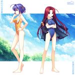  bad_id bad_pixiv_id barefoot blue_eyes blue_hair braid competition_swimsuit crossed_arms feet hand_on_hip highleg highleg_swimsuit highres jacket jacket_on_shoulders legs long_hair long_legs multiple_girls one-piece_swimsuit oogami_ritsuko orihara_ai owari_naki_natsu_towa_naru_shirabe purple_eyes red_hair sayori short_hair swimsuit towel translated 