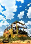  cactus cloud day dilapidated flower ground_vehicle motor_vehicle no_humans original overgrown ruins scenery sky tire tokyogenso 