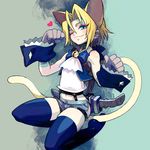  animal_ears aqua_eyes bad_id bad_pixiv_id bandages bare_shoulders bell blonde_hair bow bowtie cat_ears dagger dissidia_final_fantasy final_fantasy final_fantasy_ix garter_belt gloves heart jewelry jingle_bell kimimaru male_focus midriff navel necklace one_eye_closed otoko_no_ko paw_pose side_slit skindentation slit_pupils smile solo tail thighhighs weapon wrist_cuffs zidane_tribal 