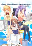  adobe_photoshop bad_id bad_pixiv_id bare_shoulders barefoot black_legwear blonde_hair chair cookie drawing_tablet feet food fujioka_toki hair_ribbon highres legs long_hair midriff multiple_girls navel original purple_hair recursion ribbon short_twintails shorts sitting sweater_vest thighhighs trash_can twintails wacom 