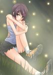  bad_id bad_pixiv_id blush dutch_angle fireflies grass hair_ornament hairclip highres leg_hug natsuzakura_yuuki original panties pantyshot purple_hair shoes short_hair sitting skirt smile sneakers solo strap_slip underwear 