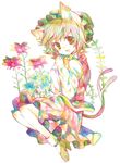  animal_ears brown_eyes brown_hair cat_ears cat_tail chen earrings flower hat highres jewelry legomaru multiple_tails short_hair solo tail touhou traditional_media watercolor_(medium) 