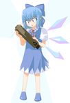  arm_cannon bad_id bad_pixiv_id blue_eyes blue_hair bow cirno hair_bow okumari solo surprised touhou weapon wings 