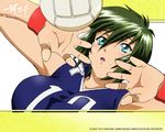  bandage bandages blush green_hair ikkitousen ikkitousen_dragon_destiny kyocho_chuukou short_hair volleyball wristband yuji_shiozaki 