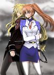  back-to-back blonde_hair chain colorized cuffs fate_testarossa handcuffs haruichi highres long_hair low-tied_long_hair lyrical_nanoha mahou_shoujo_lyrical_nanoha_strikers military military_uniform multiple_girls pantyhose pencil_skirt ponytail purple_eyes red_eyes red_hair shackles side_ponytail side_slit skirt takamachi_nanoha thighhighs tsab_air_military_uniform tsab_executive_military_uniform uniform zettai_ryouiki 