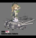  absurdres animal_ears blonde_hair cat_ears character_name crab english green_eyes highres hms_roberts letterboxed neckerchief official_art photo_background pleated_skirt rigging roberts_(zhan_jian_shao_nyu) royal_navy salute school_uniform serafuku side_ponytail sirills skirt solo thighhighs turret white_ensign zhan_jian_shao_nyu 