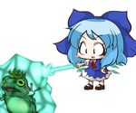  blue_hair blush_stickers bow cirno crown dress frog frozen frozen_frog hair_bow hand_on_hip ice ice_wings open_mouth ribbon short_hair simple_background smile solo touhou white_background wings ziogon 