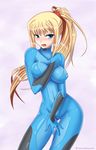  1girl between_breasts blonde_hair blue_eyes blush breasts female kawa-v large_breasts metroid nintendo ponytail samus_aran simple_background skin_tight solo tight_clothes zero_suit 
