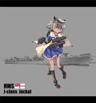  absurdres animal_ears capelet character_name dark_skin english frown grey_eyes grey_hair highres jackal_(zhan_jian_shao_nyu) jackal_ears kneehighs letterboxed looking_at_viewer official_art photo_background pleated_skirt rigging royal_navy school_uniform serafuku sirills skirt solo white_ensign zhan_jian_shao_nyu 