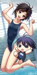  ahoge antenna_hair barefoot black_hair blue_eyes blush chibi competition_swimsuit highres idolmaster idolmaster_(classic) jumping kikuchi_makoto makochii multiple_girls nekopuchi one-piece_swimsuit open_mouth pool puchimasu! school_swimsuit short_hair smile swimsuit 