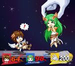  ! &gt;_&lt; angel_wings chibi exclamation_point eyes_closed highres jewelry kid_icarus lots_of_jewelry master_hand nintendo palutena pit pit_(kid_icarus) space speech_bubble super_smash_bros. wings yuyukong 