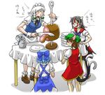  animal_ears apron blue_hair bow braid brown_hair cat_ears cat_tail chen cirno commentary cutting food h.dupp_(nama_aakiruu) hair_bow hat horns izayoi_sakuya kebab kijin_seija knife licking_lips maid maid_apron maid_headdress multiple_girls multiple_tails plate ribbon simple_background table tail tongue tongue_out touhou twin_braids white_hair 