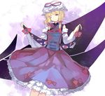  armband bad_id bad_pixiv_id blonde_hair cloud detached_sleeves dress eyes frilled_dress frills gap hair_ribbon hair_up hat hillly_(maiwetea) long_sleeves mob_cap one_eye_closed patterned purple_dress purple_eyes ribbon sleeveless smile solo space star_(sky) tabard touhou tress_ribbon white_dress wide_sleeves yakumo_yukari 