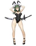  :o absurdres animal_ears armpits arms_up bad_id bad_pixiv_id bare_legs bare_shoulders blue_eyes bow bowtie breasts bunny_ears bunnysuit cleavage detached_collar glasses gloves green_hair highres katana large_breasts long_hair long_legs looking_at_viewer nakabayashi_reimei one_eye_closed phantasy_star phantasy_star_online_2 red-framed_eyewear semi-rimless_eyewear simple_background solo sword under-rim_eyewear weapon white_background white_gloves wrist_cuffs 