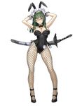  absurdres animal_ears armpits arms_up bad_id bad_pixiv_id bare_shoulders blue_eyes bow bowtie breasts bunny_ears bunnysuit cleavage detached_collar fishnet_pantyhose fishnets glasses gloves green_hair highres katana large_breasts long_hair long_legs looking_at_viewer nakabayashi_reimei one_eye_closed pantyhose phantasy_star phantasy_star_online_2 red-framed_eyewear semi-rimless_eyewear simple_background smile solo sword under-rim_eyewear weapon white_background white_gloves wrist_cuffs 