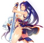  bare_shoulders blue_eyes blue_hair breasts cowboy_shot hair_over_one_eye long_hair looking_at_viewer mckeee medium_breasts oui ponytail profile sangokushi_puzzle_taisen sangokushi_taisen solo sword thighhighs vambraces very_long_hair weapon white_background white_legwear 