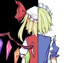  apron blonde_hair flandre_scarlet from_behind hat hat_ribbon kenuu_(kenny) maid_apron maid_headdress mugetsu multiple_girls puffy_short_sleeves puffy_sleeves ribbon short_hair short_sleeves silver_hair touhou touhou_(pc-98) wings zipper 