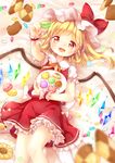  blonde_hair bow candy cookie flandre_scarlet food hat hat_bow konpeitou lying macaron mimi_(mimi_puru) mob_cap on_back open_mouth plate puffy_short_sleeves puffy_sleeves red_eyes shirt short_sleeves side_ponytail skirt skirt_set smile solo touhou vest wings wrist_cuffs 