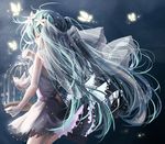  aqua_hair bird birdcage blue_background bug butterfly cage closed_eyes cowboy_shot dress flower from_behind glowing glowing_butterfly gradient gradient_background grey_dress hair_flower hair_ornament hair_strand hatsune_miku highres insect light_particles long_hair pigeon profile sleeveless sleeveless_dress solo standing twintails very_long_hair vioro vocaloid 