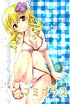  bikini blonde_hair breasts brown_eyes drill_hair long_hair love_plus mahou_shoujo_madoka_magica medium_breasts mole mole_on_breast sandals smile swimsuit title_parody tomoe_mami tooo88 