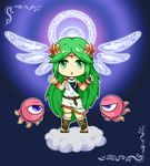  1girl chibi cloud cosplay costume_switch green_hair highres jewelry kid_icarus long_hair lots_of_jewelry palutena solo very_long_hair yuyukong 