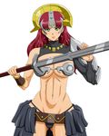  1girl belt black_panties breasts claudette_(queen&#039;s_blade) claudette_(queen's_blade) cleavage earrings green_eyes jewelry large_breasts long_hair looking_at_viewer lots_of_jewelry makani_kohitujito midriff navel panties queen&#039;s_blade queen's_blade red_hair simple_background solo sword underwear weapon white_background 