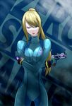  blonde_hair blue_eyes bodysuit breast_squeeze breasts character_name collarbone crossed_arms glowing gun large_breasts lips long_hair looking_at_viewer metroid mole mole_under_mouth parted_lips samus_aran skin_tight solo super_smash_bros. tororu weapon zero_suit 