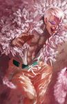  blonde_hair cowboy_shot donquixote_doflamingo feather_coat feathers male_focus navel one_piece open_clothes open_shirt pink realistic shirt signature solo sunglasses tongue tongue_out young-street 