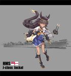  absurdres animal_ears capelet character_name dark_skin english glowing glowing_eyes grey_eyes grey_hair highres jackal_(zhan_jian_shao_nyu) jackal_ears kneehighs letterboxed long_hair looking_at_viewer official_art photo_background pleated_skirt rigging royal_navy school_uniform serafuku sirills skirt solo torn_clothes torn_skirt very_long_hair white_ensign zhan_jian_shao_nyu 