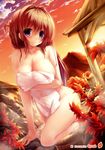  absurdres autumn autumn_leaves blush breasts brown_hair bucket cleavage collarbone covering covering_breasts dutch_angle hair_intakes highres huge_breasts leaf leg_up light_smile long_hair maple_leaf nude nude_cover onsen original purple_eyes sky smile solo steam sunset syroh towel wet wooden_bucket 