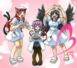  animal_ears brown_legwear cat_ears cat_tail commentary_request h.dupp_(nama_aakiruu) hairband hat heart heart_hands kaenbyou_rin komeiji_satori labcoat long_hair multiple_girls multiple_tails nurse nurse_cap pantyhose pen_in_pocket reiuji_utsuho sheer_legwear short_hair tail third_eye touhou turtleneck wings 