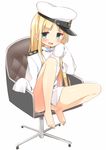  :d aqua_eyes bare_legs barefoot blonde_hair blush chair chin_rest convenient_leg fang feet_on_chair full_body hat kantai_collection knee_up little_girl_admiral_(kantai_collection) long_hair looking_at_viewer masuishi_kinoto military military_uniform no_pants open_mouth oversized_clothes peaked_cap sitting sleeves_past_wrists smile solo twitter_username uniform 
