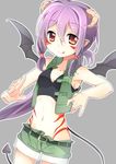  :q bare_arms bare_shoulders belt breasts bustier collarbone demon_girl demon_horns demon_tail demon_wings highres horns licking_lips midriff navel open_clothes open_vest original oruto_(ort+) pointy_ears purple_hair red_eyes shorts small_breasts smile solo tail tattoo tongue tongue_out vest wings 