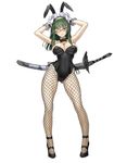  absurdres animal_ears armpits arms_up bad_id bad_pixiv_id bare_shoulders blue_eyes bow bowtie breasts bunny_ears bunnysuit cleavage detached_collar fishnet_pantyhose fishnets glasses gloves green_hair highres katana large_breasts long_hair long_legs looking_at_viewer nakabayashi_reimei one_eye_closed pantyhose phantasy_star phantasy_star_online_2 red-framed_eyewear semi-rimless_eyewear simple_background smile solo sword under-rim_eyewear weapon white_background white_gloves wrist_cuffs 
