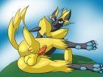  2018 anus balls butt claws darell-sama digital_media_(artwork) erection ero_kitsune_(artist) feline feral fur looking_at_viewer male mammal nintendo nude penis pok&eacute;mon pok&eacute;mon_(species) simple_background solo video_games yellow_fur zeraora 