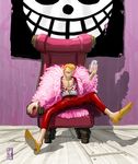  1boy alcohol armchair blonde_hair capri_pants capris chair donquixote_doflamingo donquixote_pirates glass jolly_roger male male_focus one_piece pants pirate shichibukai sitting smile solo sunglasses wine wyv1 