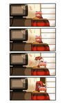  4koma bad_id bad_pixiv_id bow cape comic covered_mouth disembodied_head expressionless food fruit hair_bow highres hiyashinssu mandarin_orange mundane_utility red_eyes red_hair sekibanki shirt short_hair silent_comic sliding_doors television thought_bubble touhou watching_television 